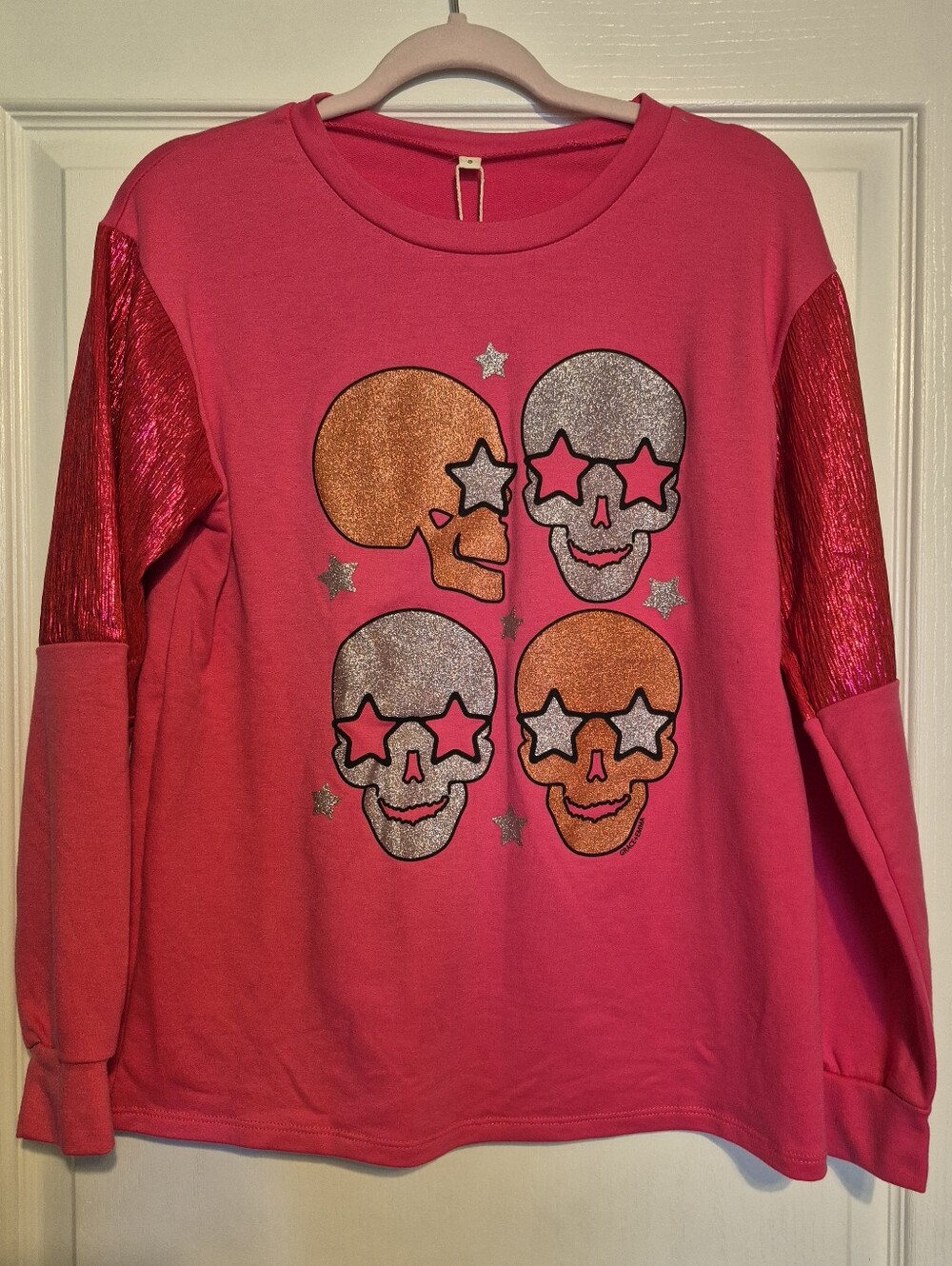 Pink Glitter Skull Long-Sleeve Top